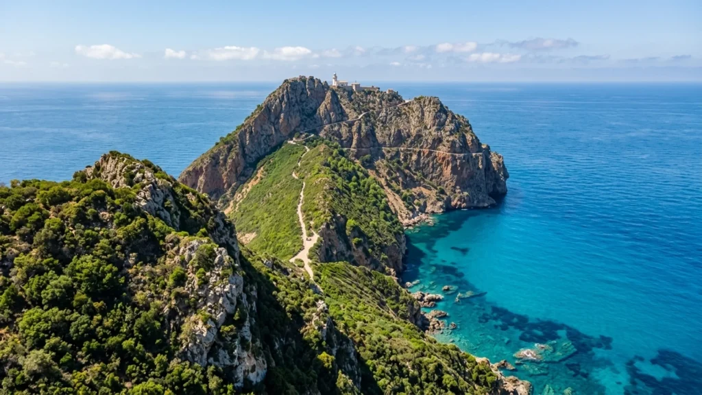 Cap rocheux et phare au-dessus de la mer turquoise près d’Akbou