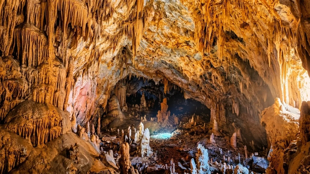 Grotte aux stalactites et stalagmites dorées près d’Akbou