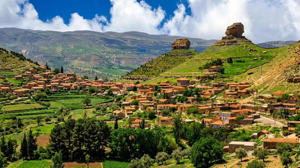 Village de montagne et rochers sur les collines vertes de Bordj Bou Arréridj