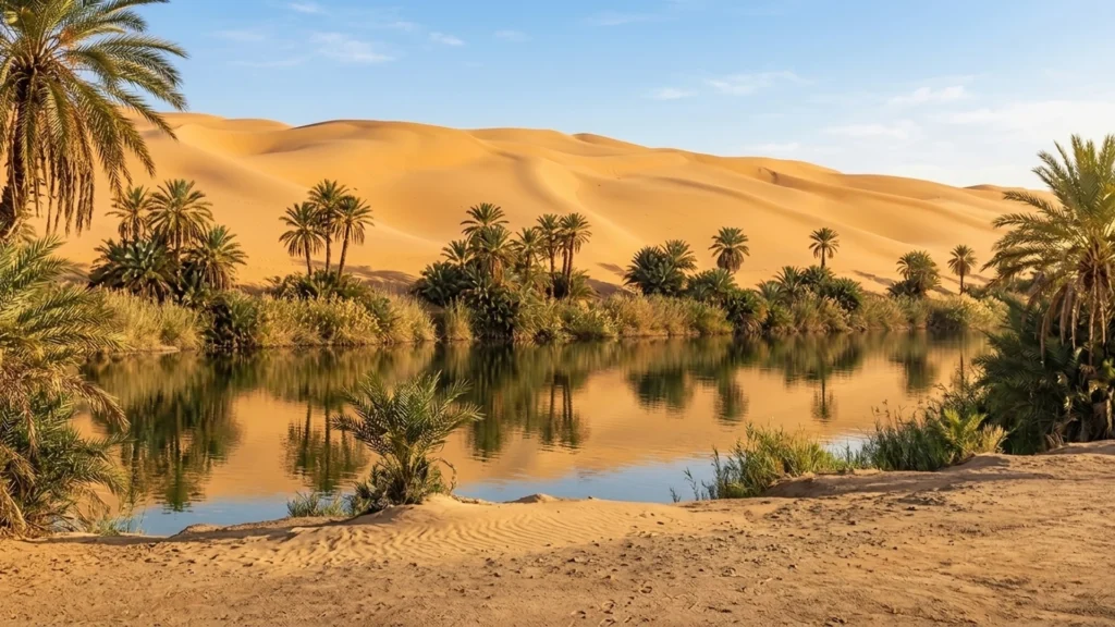 Dunes dorées et oasis de Bou Saâda au bord d’un lac paisible bordé de palmiers
